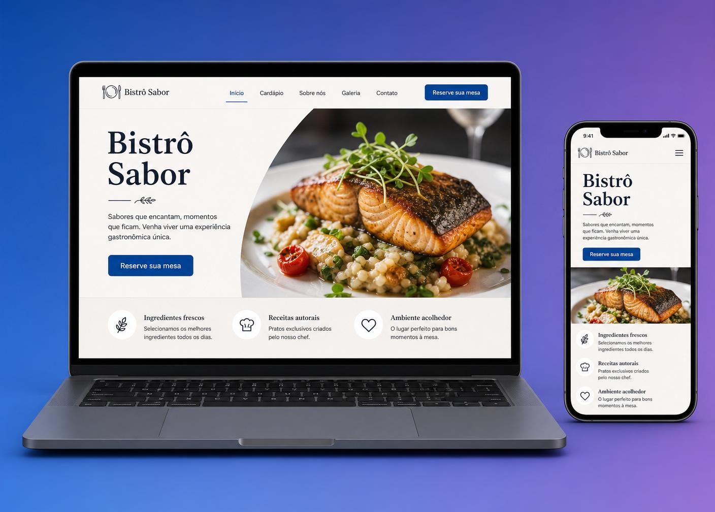 Mockup de laptop e celular exibindo site responsivo